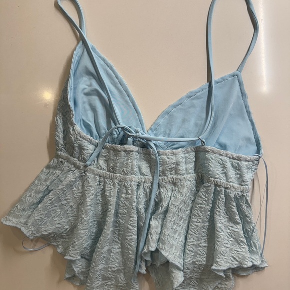 Light Blue Textured Spaghetti Strap Halter Top - Picture 5 of 5